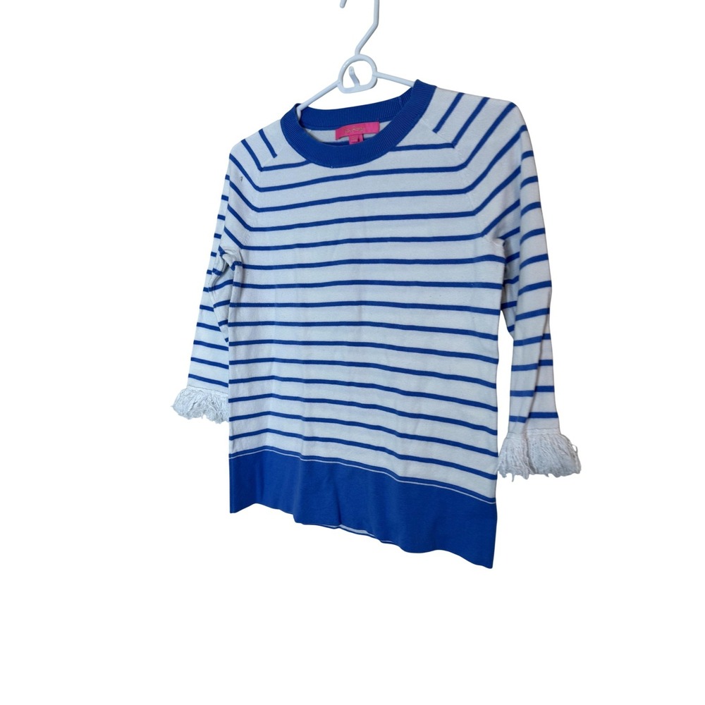 Lilly Pulitzer Sweater Womens XS Blue White Striped Fringe Cuff 3/4 Sleeve Knit